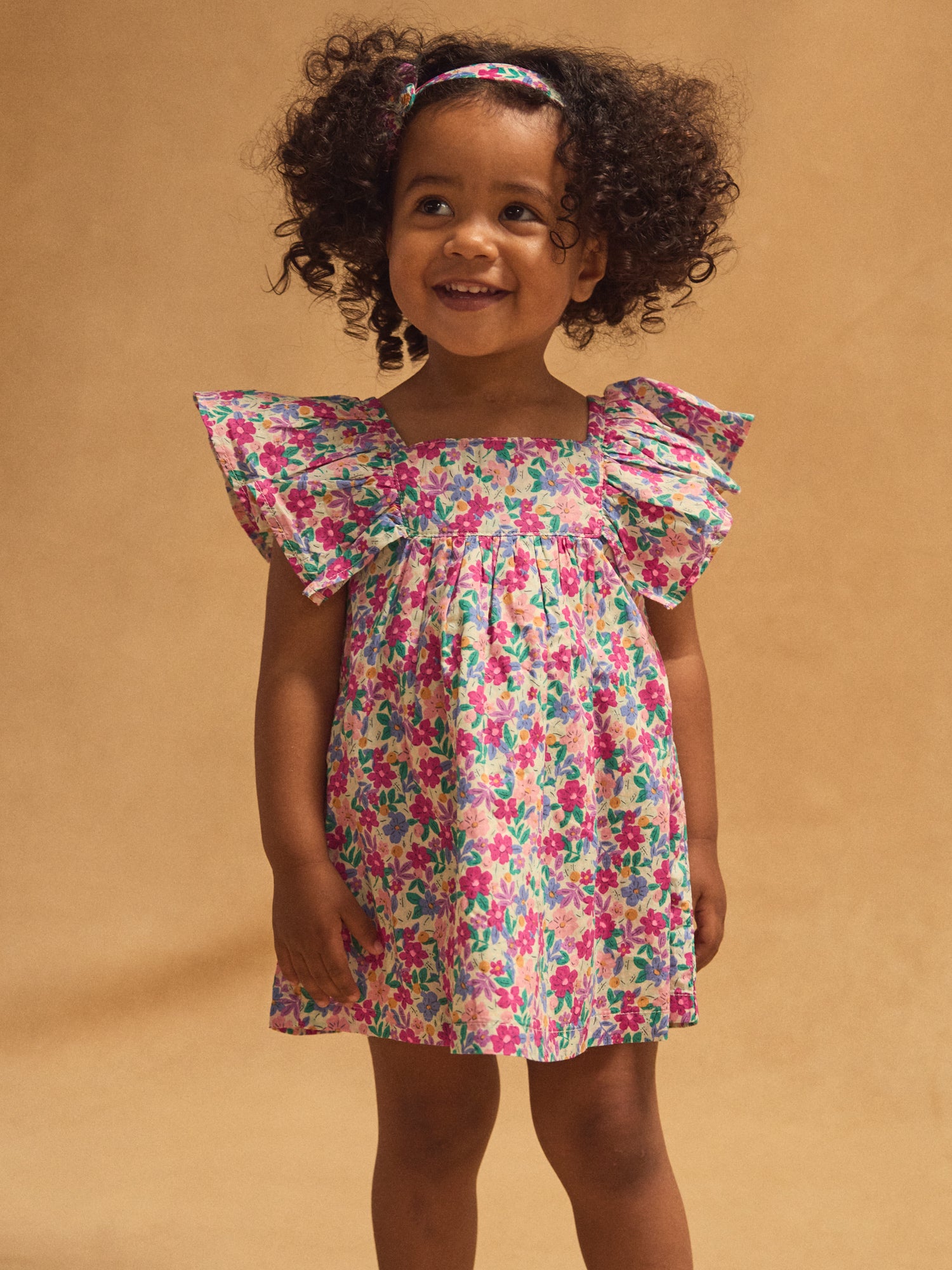Floral Print Dress and Bloomer with Ruffled Sleeves for Baby Girls